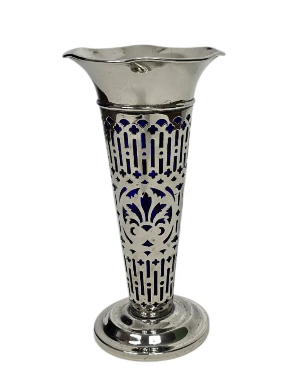 Vintage Godinger Silverplate Vase With Cobalt Blue Glass Liner Pierced Overlay